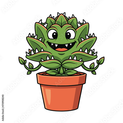 Funny cartoon carnivorous plant character in a terracotta pot with a mischievous grin and sharp teeth, perfect for playful designs