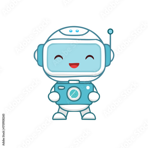 A cute and friendly robot holding a camera with a warm smile on its face, radiating joy and positivity.