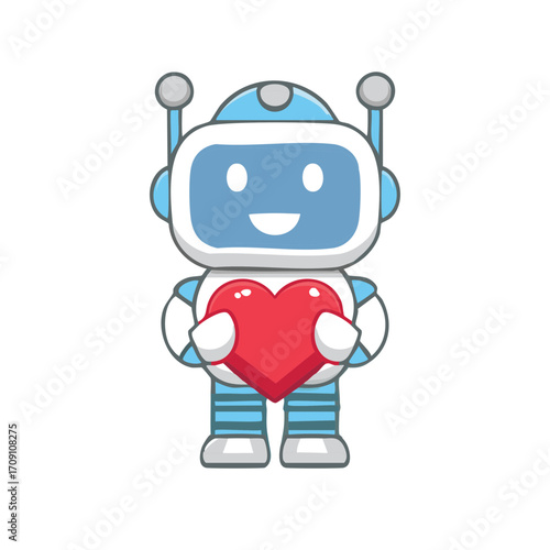 A cute robot holding a red heart, it is a symbol of love and care. The robot has a smiling face and is designed in a cartoon style