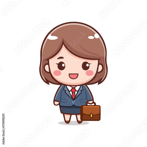 A charming cartoon businesswoman, dressed in a formal suit, carries a briefcase, showcasing a blend of professionalism and approachability.