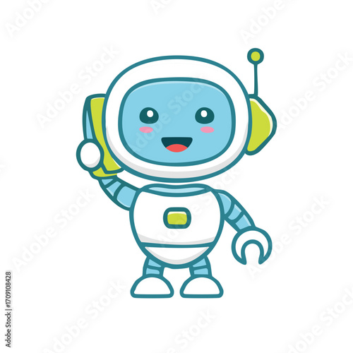 A friendly robot, smiling and holding a communication device. A cute robot that represents the latest in technology