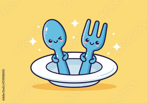 Cute Spoon and Fork Cartoon Vector Icon