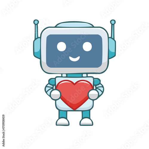 A cartoon robot holding a red heart, signifying love and care. It's a heartwarming image.