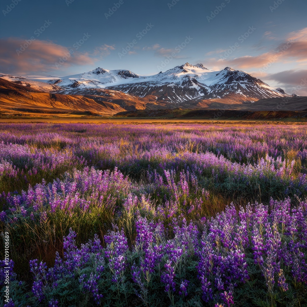 Fototapeta premium Lush purple wildflowers blanket a valley at dawn, with snow-capped mountains in the distance. Sunrise paints the scene in warm hues