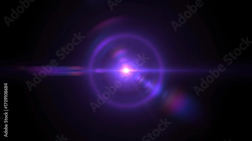 A seamlessly looping video showcases a shimmering purple circular flare casting gentle light rays that slowly drift, forming an ethereal abstract illumination website, innovation, glow