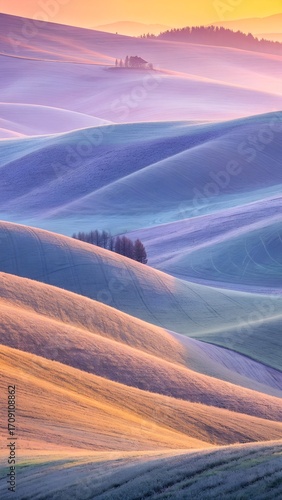 Curving farm fields flow across the gentle landscape, displaying warm golden light and cool shadow tones, creating a peaceful scene.