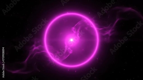 A seamlessly looping video depicts a magenta glowing circular flare against a deep space void, emanating ethereal abstract cosmic energy energy, seamlessly looping video, technology