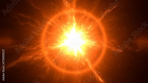 A seamlessly looping video features an electric orange circular flare with a fast pulse from a central light source, representing an abstract energy burst graphic, presentation, soft bokeh