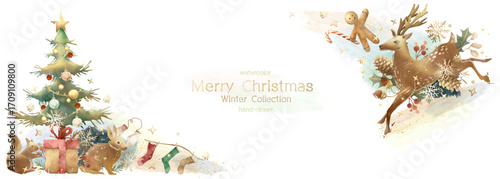 「水彩風クリスマスのベクターイラストセット」メリークリスマス、フレーム、背景、冬、動物、星、雪、ギフト