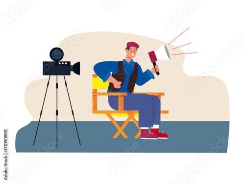 The director directs the film. Hollywood illustration. Flat vector illustration.