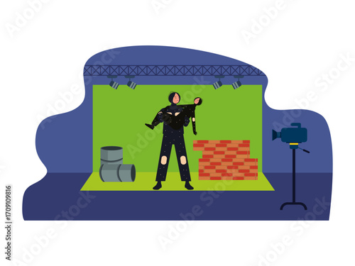 Shooting wearing custom clothes using green screen. Hollywood illustration. Flat vector illustration.
