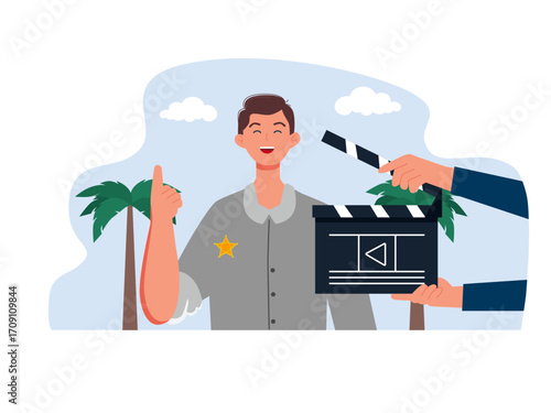 Man shooting with clap board. Hollywood illustration. Flat vector illustration.