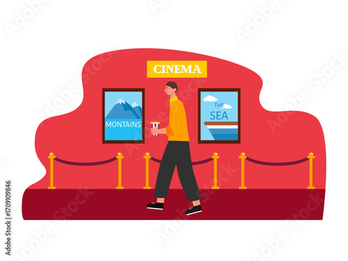 Man walks towards the cinema watching studio while carrying popcorn. Hollywood illustration. Flat vector illustration.
