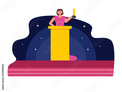 Female celebrity standing on stage winning trophy at Hollywood awards. Hollywood illustration. Flat vector illustration.