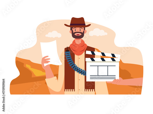 Bearded male actor in cowboy costume reading script. Hollywood illustration. Flat vector illustration.