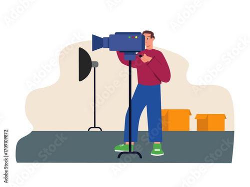 A man stands in front of a camera and takes a picture.. Hollywood illustration. Flat vector illustration.
