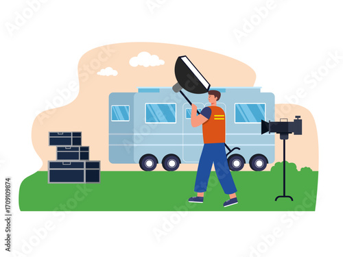 Crew setting up lights and equipment for outdoor shooting. Hollywood illustration. Flat vector illustration.