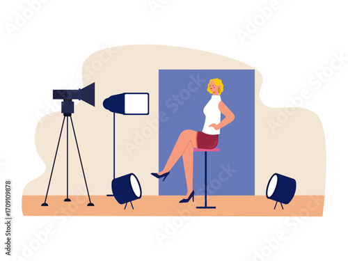Young female model photoshoot in studio with camera and lights. Hollywood illustration. Flat vector illustration.