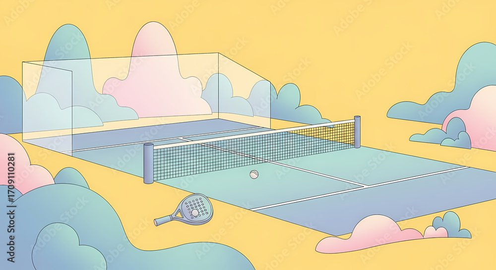 Naklejka premium A serene and colorful Padel court illustration set against a dreamy sky with pastel clouds