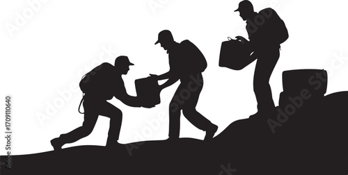 Three black silhouette figures carrying boxes and backpacks on uneven terrain people