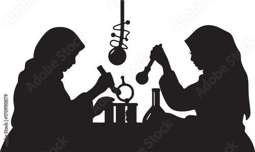 Two women in hijabs conducting scientific experiments in a laboratory with glassware science research