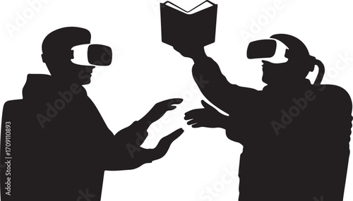 Two silhouettes wearing virtual reality headsets interacting with a book VR headset reading