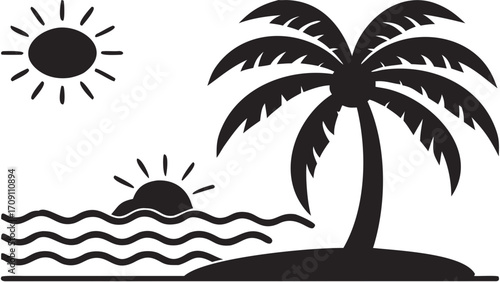 Dreamy tropical island escape with palm tree, sun, and ocean waves for vacation vibes and travel inspiration