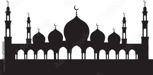 Black silhouette of a mosque with domes and minarets against a white background Islamic architecture