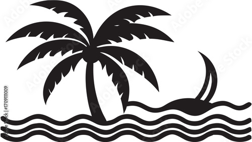 Island paradise getaway with palm tree and sailboat on ocean waves, perfect tropical vacation vibe