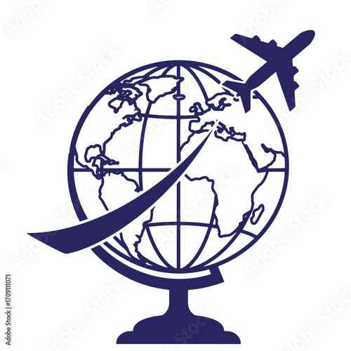 Airplane flying around the globe representing international travel and global business concepts