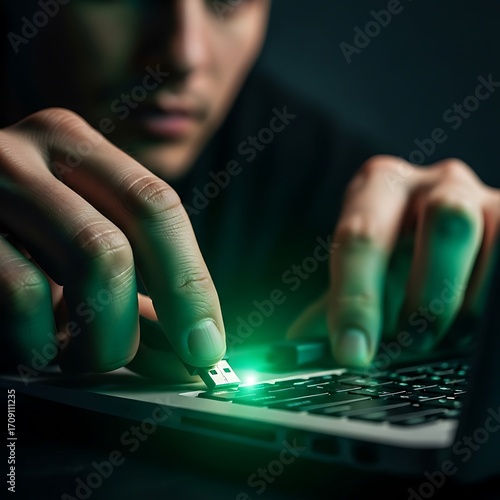 Close-up of a person inserting a USB drive into a laptop keyboard in a dark setting, highlighting the focus on the digital device and the subtle glow of the drive.