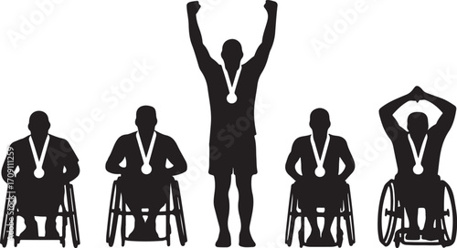 Silhouette of athletes with medals in wheelchairs and standing award victory