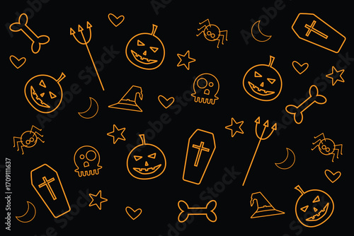 A seamless Halloween pattern featuring pumpkins, skulls and spiders brings spooky fun to backgrounds, party invitations, and seasonal designs.