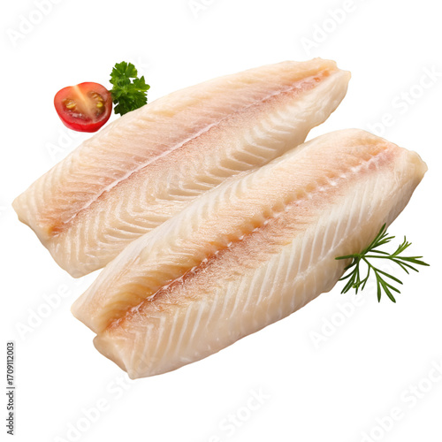 Two raw white fish fillets with tomato and parsley on black seafood