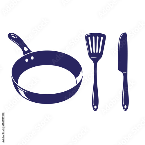 Blue kitchen tools illustration frying pan spatula and knife isolated on white background