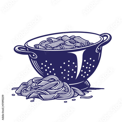 Blue illustrated colander of pasta with spaghetti and penne in an isolated vector composition