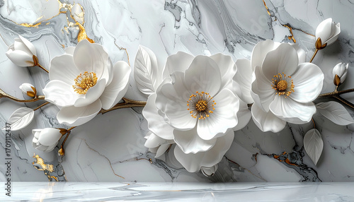 Floral Elegance: A stunning composition of meticulously crafted, delicate white flowers and intricate golden accents artfully set against a sophisticated marbled backdrop.