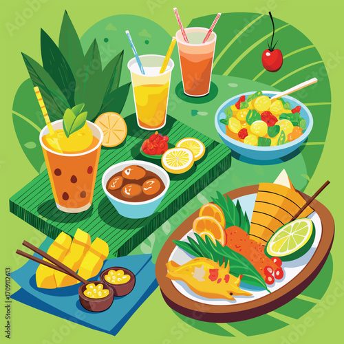 Vibrant tropical food platter with exotic drinks and fruits