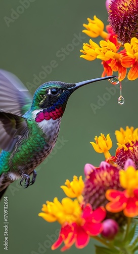 A vibrant hummingbird hovers in mid-flight, its beak immersed in a cluster of colorful flowers, showcasing a breathtaking display of nature's artistry.