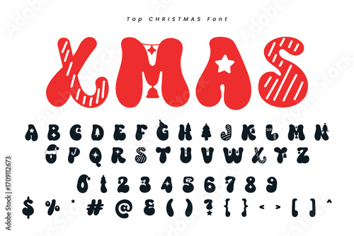 Christmas gingerbread font x mas typeface alphabet set and Santa hat