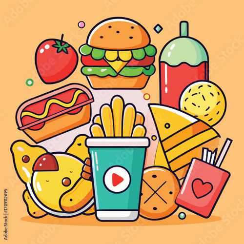 Vibrant cartoon illustration of fast food favorites with a fun vibe