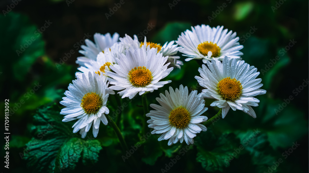 Fototapeta premium Fresh daisies in a simple bouquet, bathed in natural daylight with a soft green backdrop.