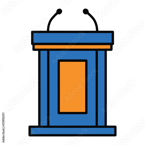 A minimalist illustration of a blue and orange podium with two microphones, perfect for presentations or speeches