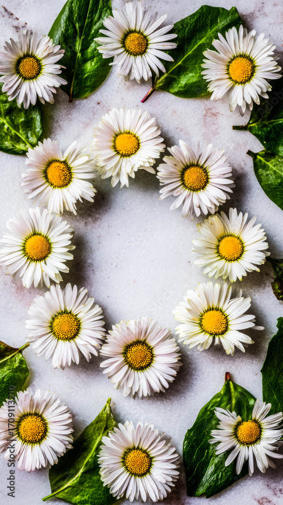 Obraz premium Fresh daisy flowers in circular arrangement, highlighting white petals and yellow centers with natural light.