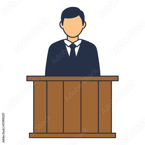 Illustration of a man standing behind a wooden podium, possibly a judge or speaker