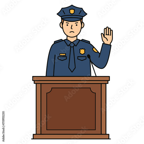 Illustration of a serious police officer standing at a podium with his hand raised, appearing to be giving a statement or taking an oath