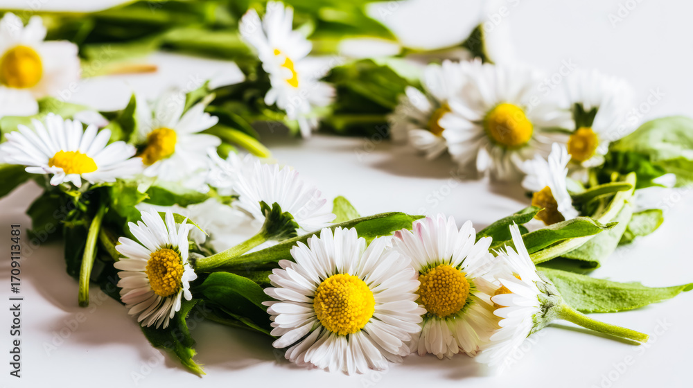 Obraz premium Fresh daisy flowers in circular arrangement, highlighting white petals and yellow centers with natural light. 