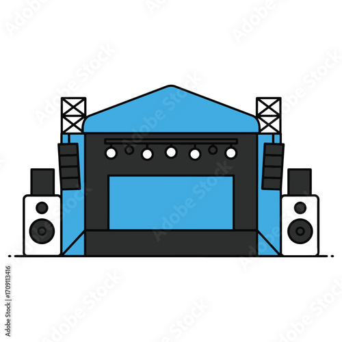 Simple line icon of a music festival stage with speakers and lights. Modern flat vector graphic asset for entertainment event design