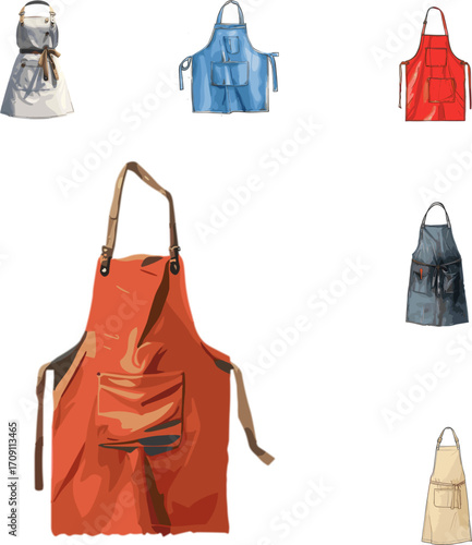 set of apron in color style and no background, kitchen appliances set in color style