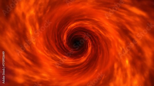 A seamlessly looping video showcases a fiery orange circular flare swirling into a deep vortex, generating an intense abstract cosmic portal background, glow, radial